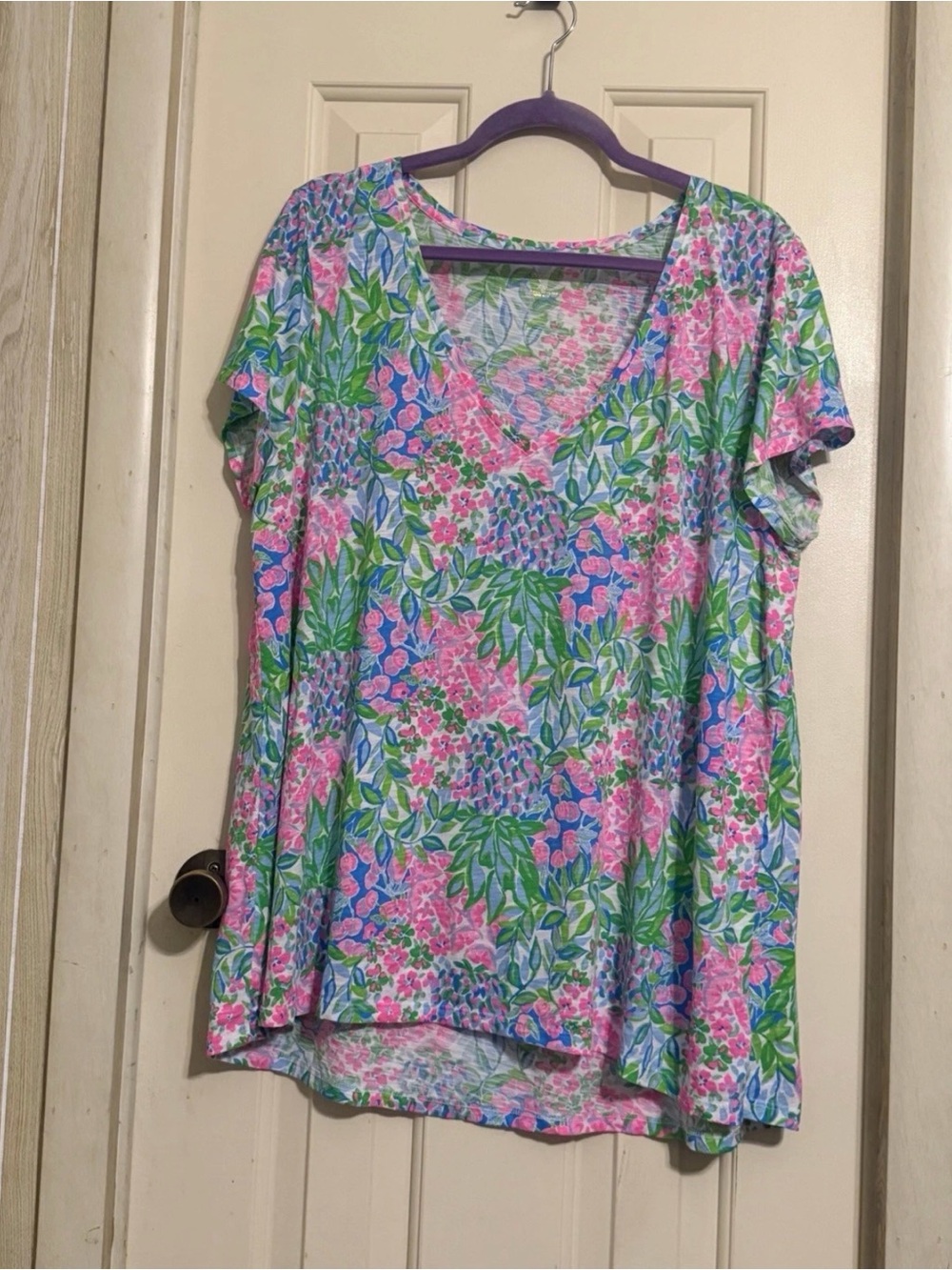 Lilly Pulitzer Floral V-Neck Short Sleeve Top - Pink & Green